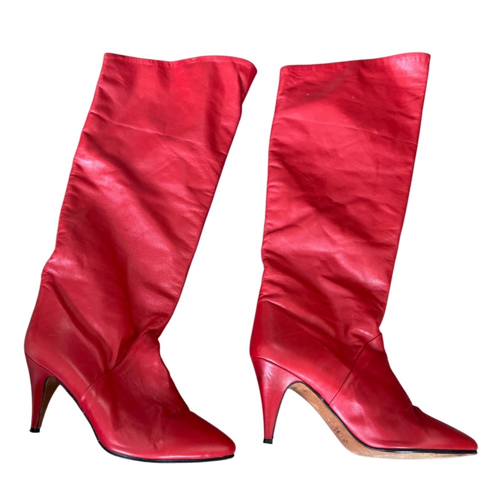 Vintage Slouchy Red Leather Boots Stiletto Heels Knee Vero Cuoio Made in Italy 7